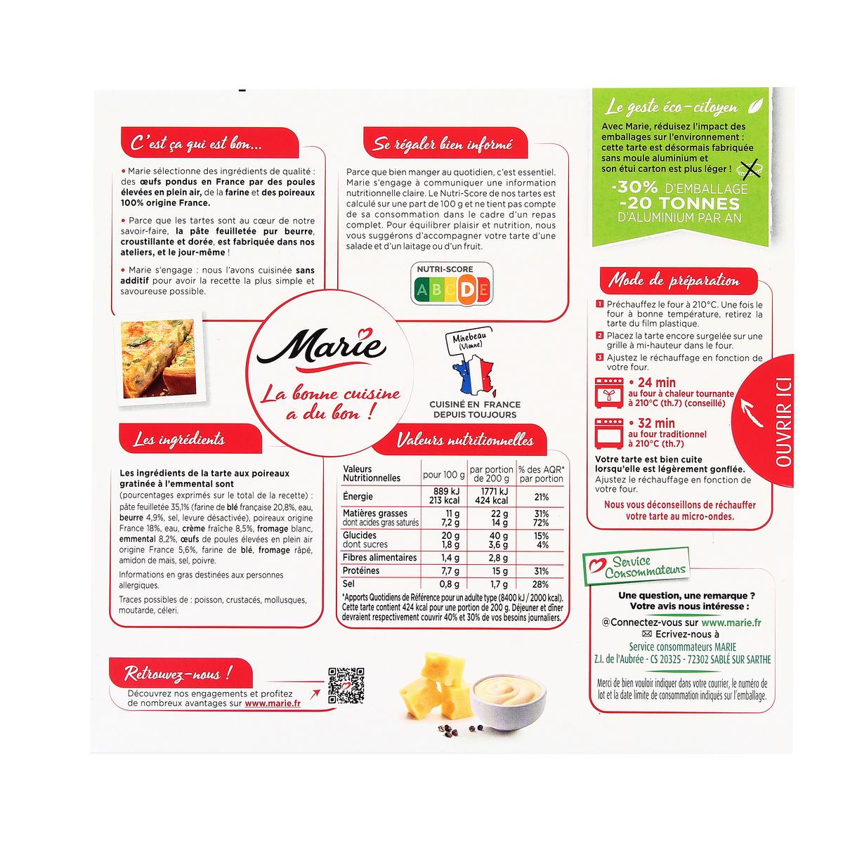 3248830000884 - Marie - Tarte aux poireaux gratinée à l'emmental crème fraiche et poivre