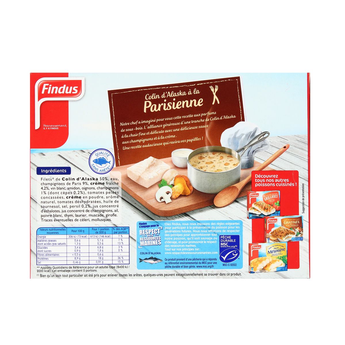3599740005286 - Findus - 2 Colins MSC d'Alaska à la Parisienne aux champignons et pointe de crème fraiche qualité 100% filet