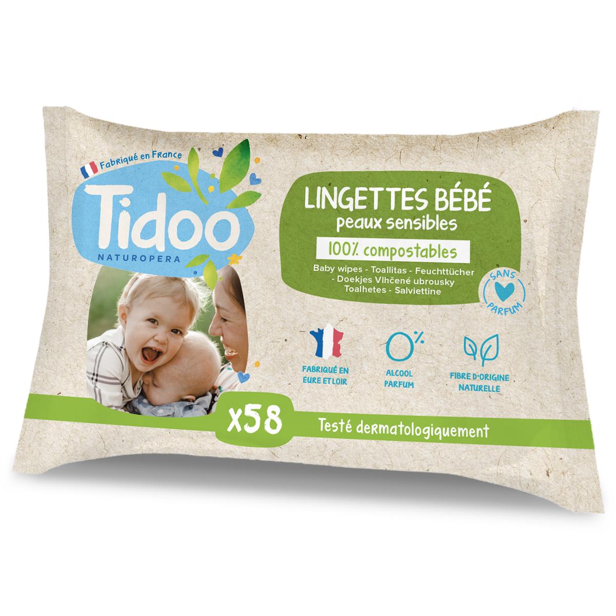 Tidoo Lingettes au Calendula Bio Non Parfumé, compostables, 58 lingettes