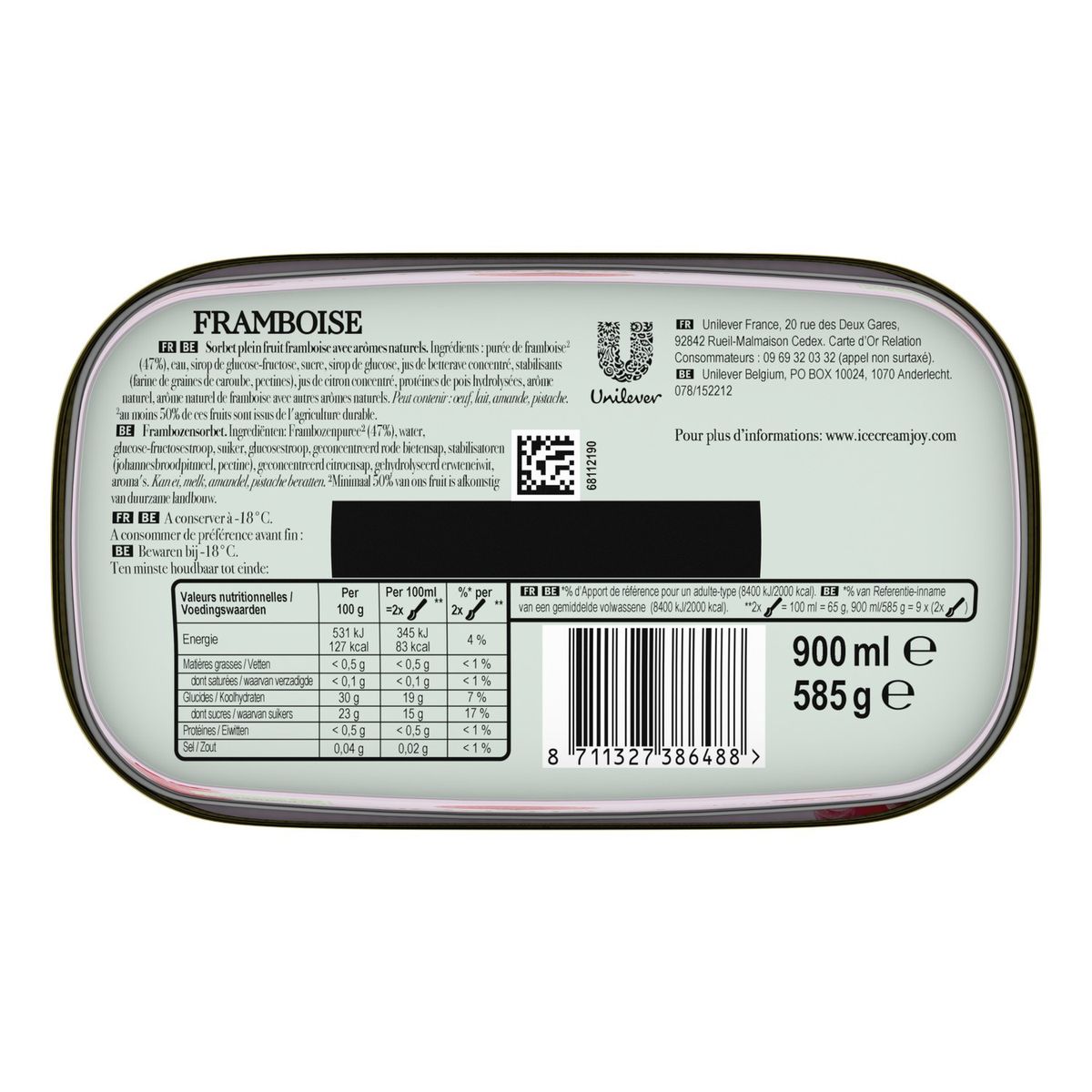 8711327386488 - Carte d'Or - Sorbet plein fruit framboise avec des morceaux de framboises 900ml