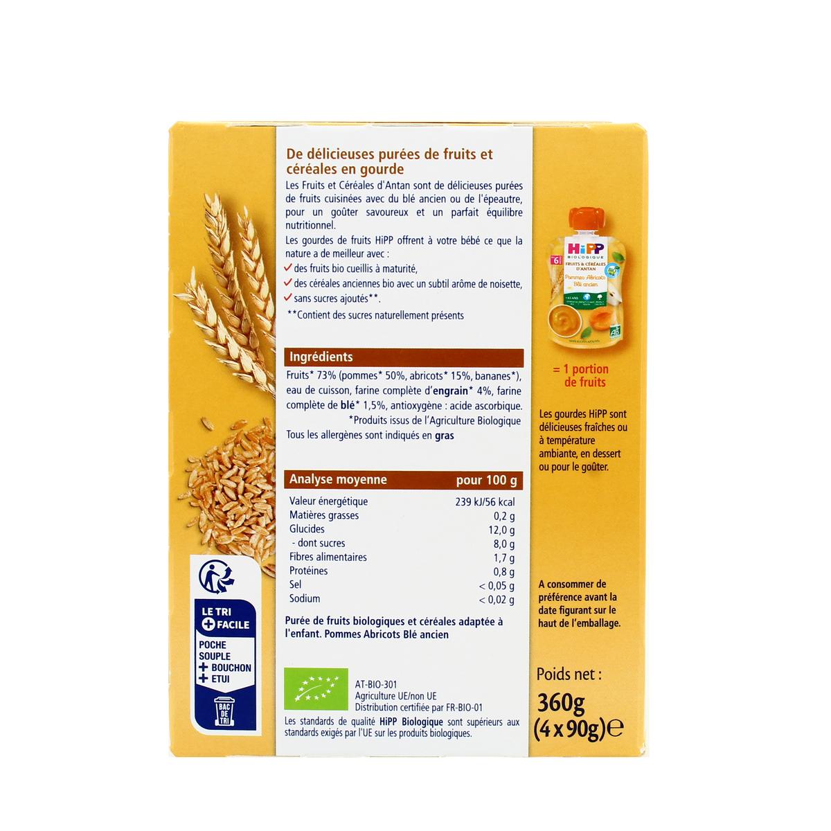 4062300405189 - Hipp - Fruits & Céréales d'Antan - Pommes, Abricots et Blé Ancien Bio Gourde Bébé Dès 6 mois