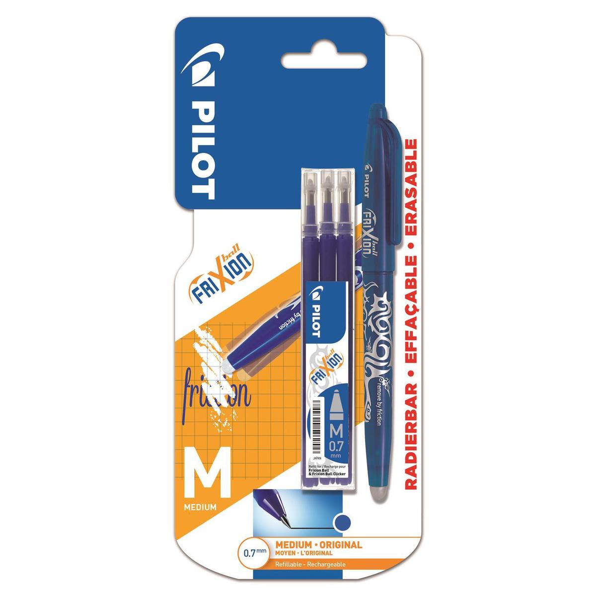 3131910018889 - Pilot - Stylo roller frixion ball encre effaçable bleue + 3 recharges encre bleue pointe moyenne
