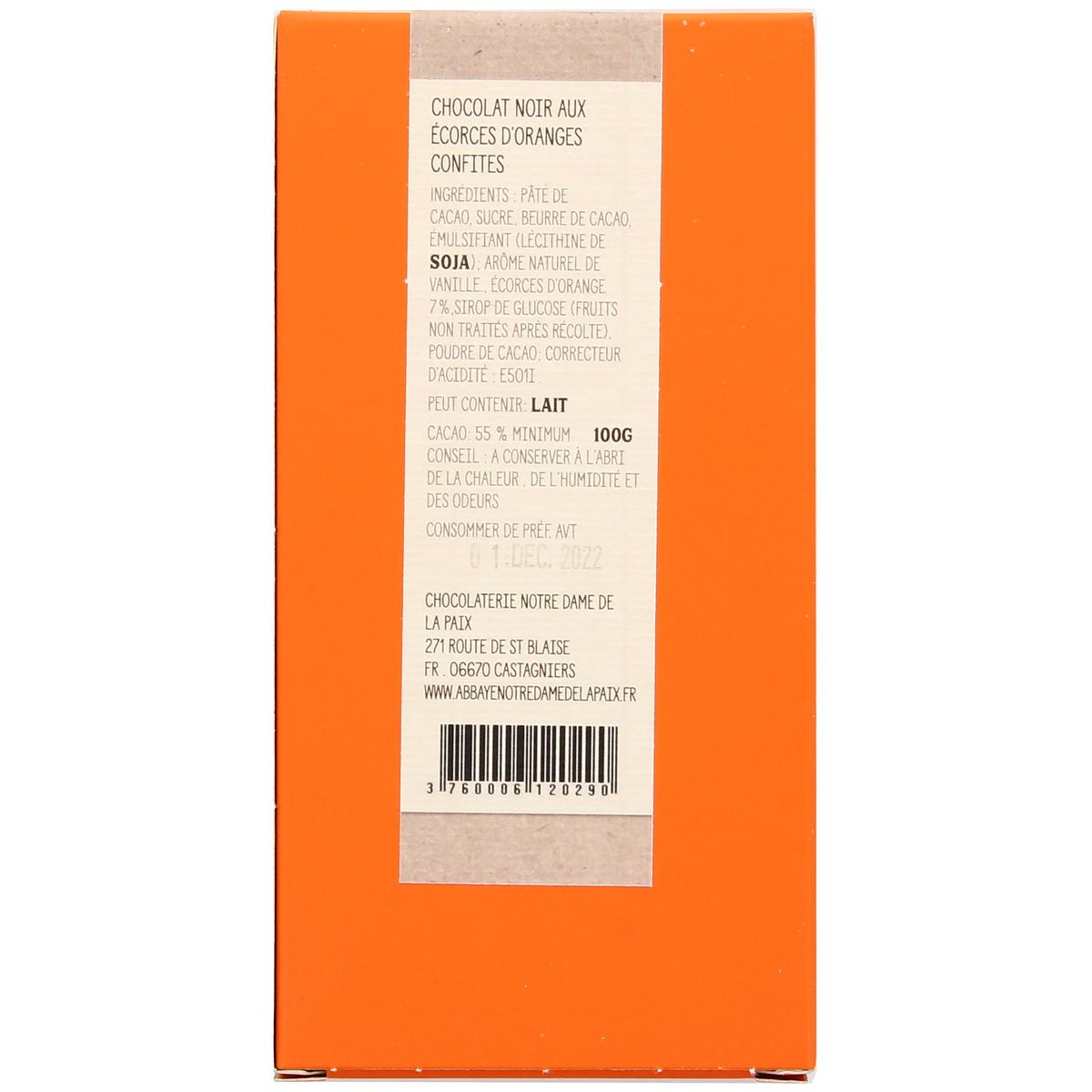 3760006120290 - Abbaye Notre Dame de Castagniers - Chocolat noir 55% aux écorces d'orange