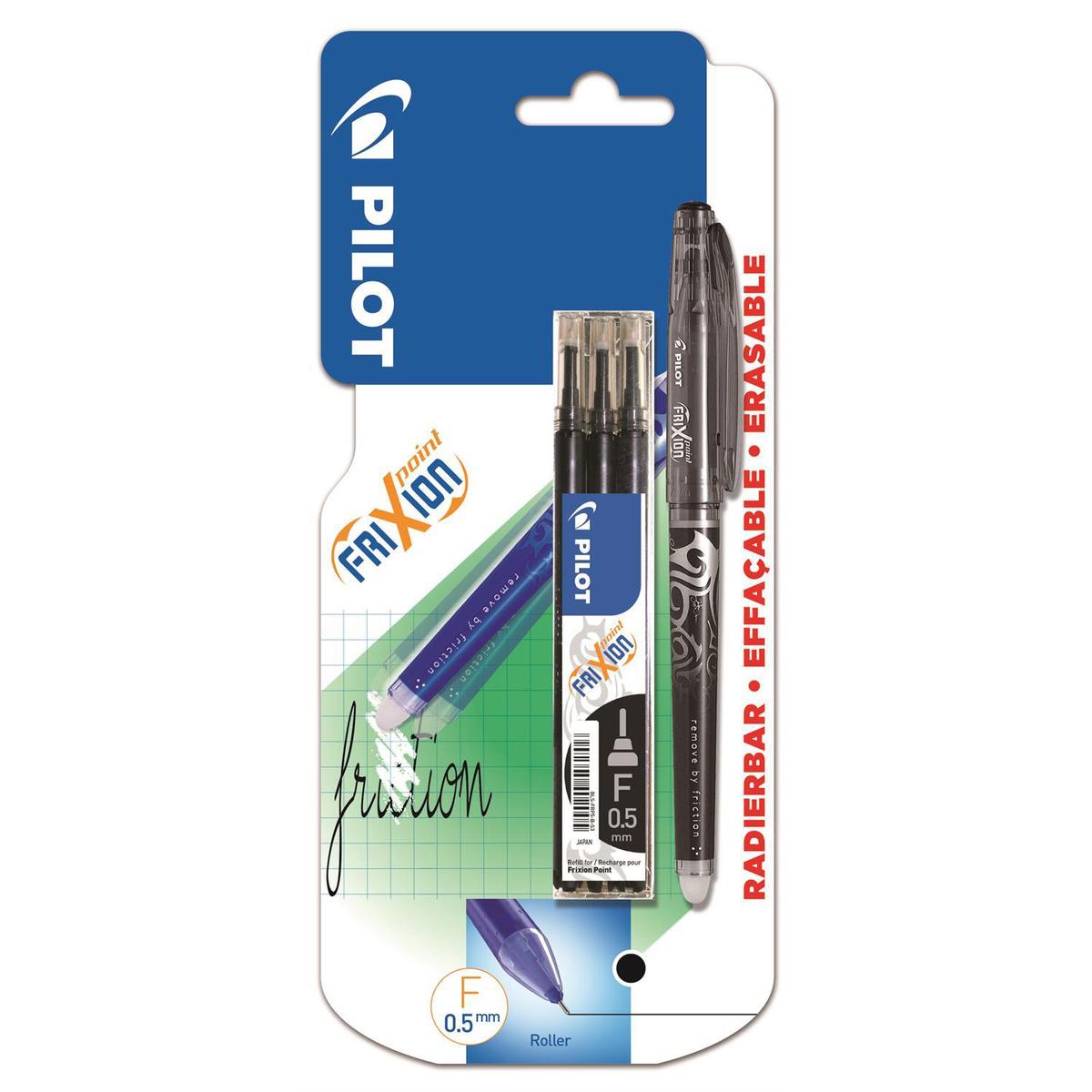 3131910202493 - Pilot - Stylo roller frixion point encre noire effaçable pointe fine + 3 recharges d'encre noire pointe fine