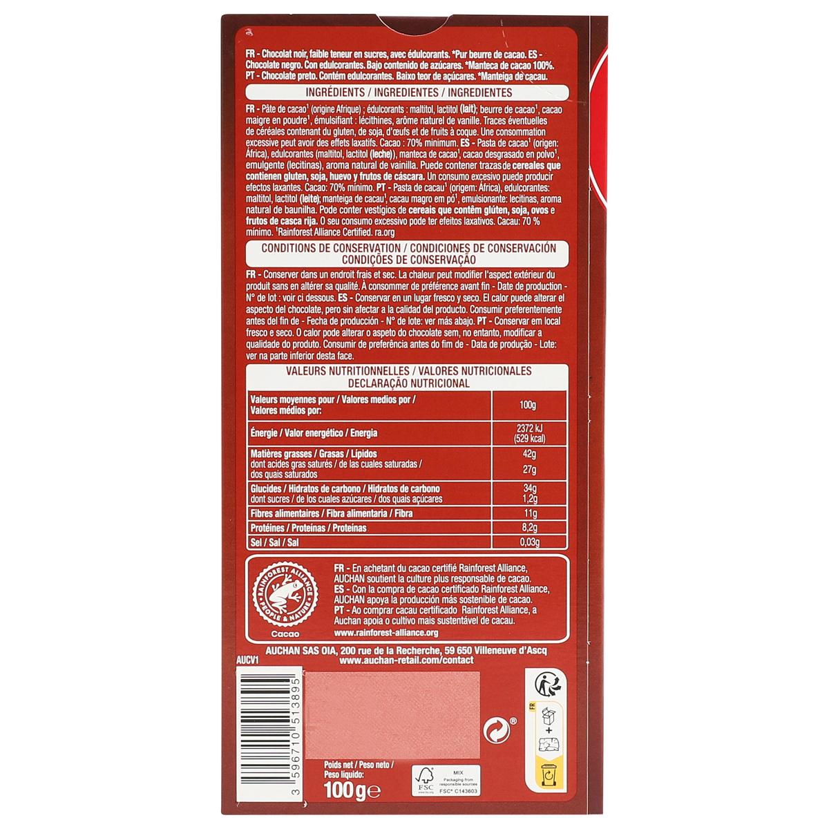 3596710513895 - Auchan - Tablette de chocolat noir 70% cacao 