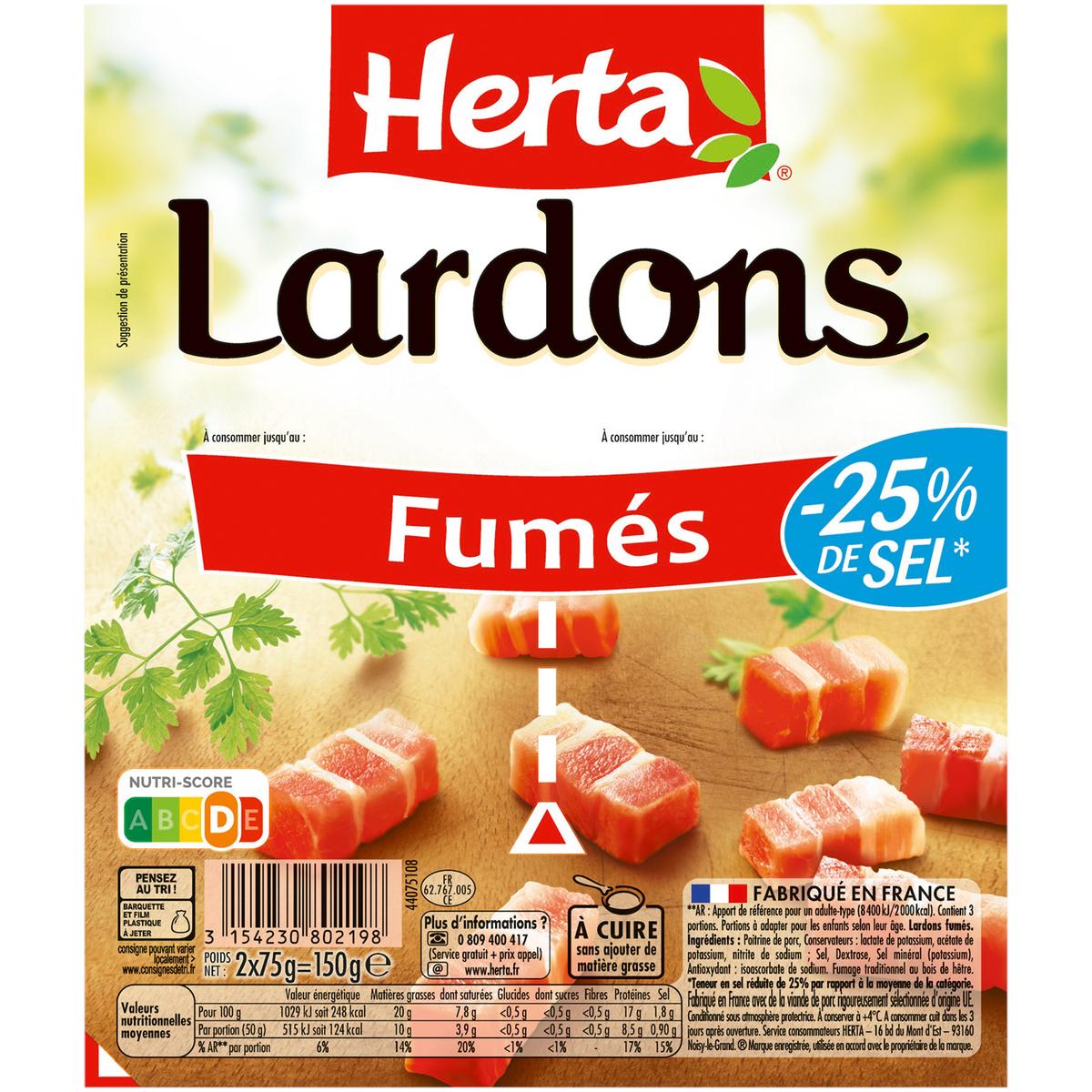 3154230802198 - Herta - Lardons fumés, Taux de Sel Réduit - 25%*