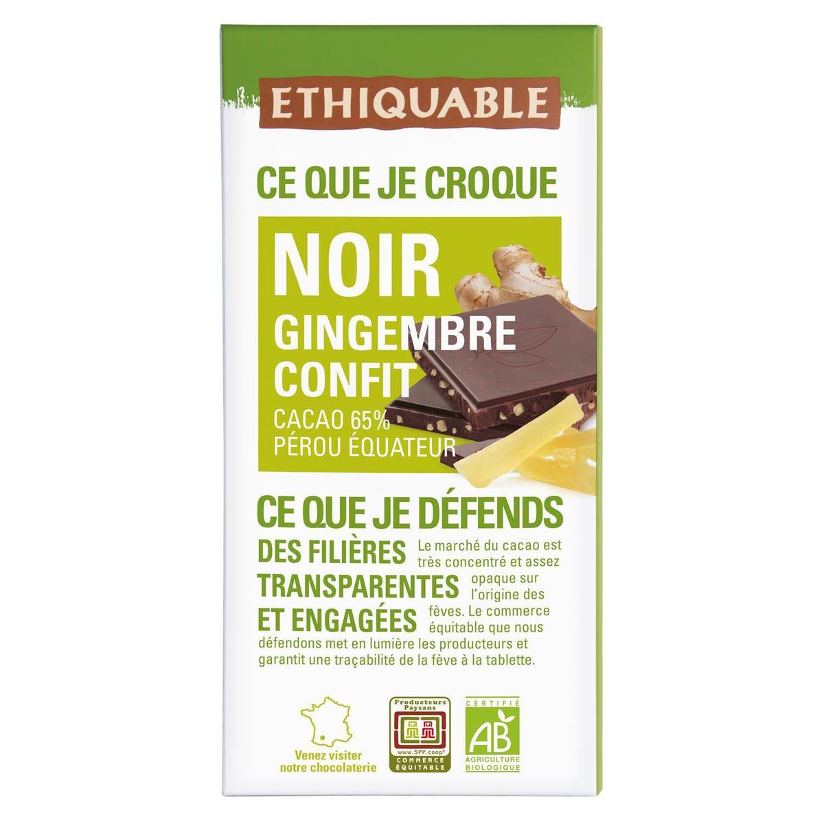 3760091726599 - Ethiquable - Commerce Equitable - Chocolat Noir Gingembre Confit 65% Cacao Bio Pérou ou Equateur