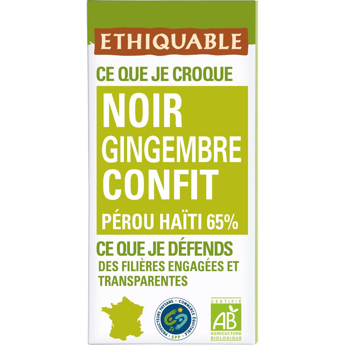 3760091726599 - Ethiquable - Commerce Equitable - Chocolat Noir Gingembre Confit 65% Cacao Bio Pérou ou Equateur