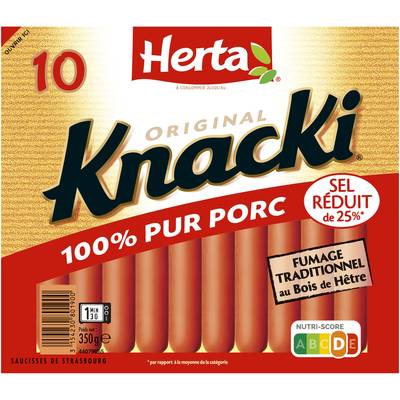 Herta Knacki Originale 100% Pur Porc, Taux de Sel Réduit - 25%*, 10 saucisses - 350g