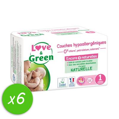 Love & Green Couches écologiques T1- 2 - 5kg, Lot de 6x44 couches
