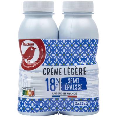 Auchan Crème semi-épaisse légère 18%mg UHT, 2x25cl