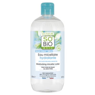 SO'BIO ETIC Eau micellaire hydratante, jus d'Aloe vera bio équitable, tous types de peaux, 500ml