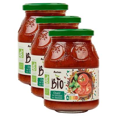 Auchan BIO Chair de tomates au basilic Bio en bocal, Lot de 3x400g