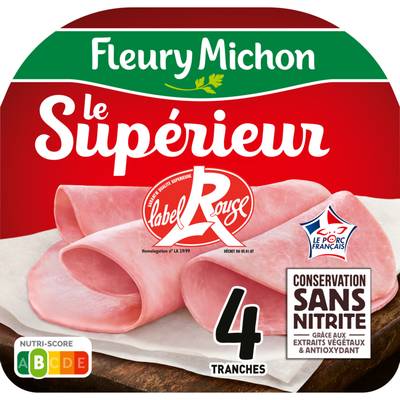 Fleury Michon Jambon Label Rouge, Conservation sans Nitrites, 4 tranches - 160g