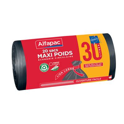 Alfapac Sacs poubelle 30L maxi poids à liens Vegetal Origin®, 20 sacs de 30L