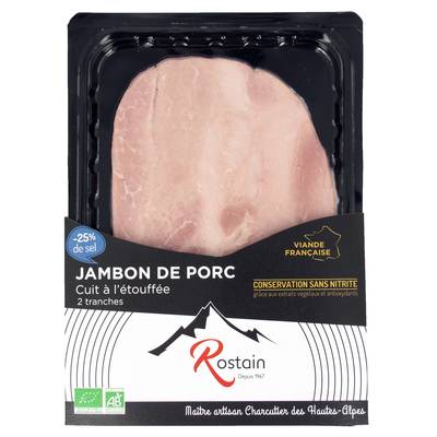 Rostain Jambon Bio -25% de Sel, Sans Nitrite ni Nitrate Ajouté, 2 tranches - 80g
