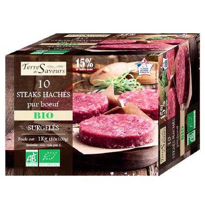 Terre de Saveurs Steaks Hachés Bio Pur Boeuf 15% de mg, 10x100g