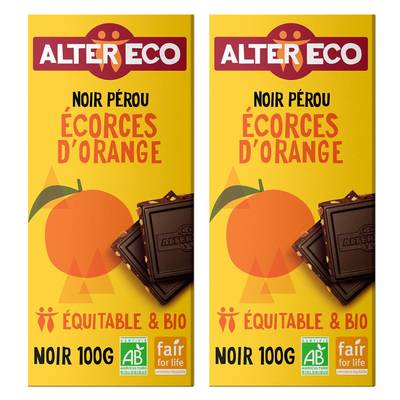 Alter Eco - Commerce Equitable Chocolat noir écorces d'orange 60% Cacao Bio du Pérou, Lot de 2x100g