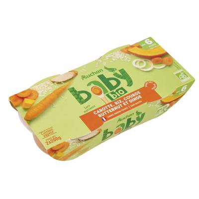 Auchan Baby Bio Carottes, riz courge butternut et dinde bio Bol Bébé dès 6 mois, 2x200g