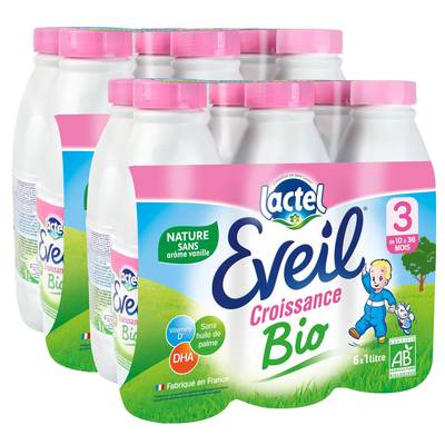 Lactel Eveil Lait de croissance Bio 3 Liquide Bébé Dès 10 mois, Lot de 2x6x1L