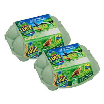 Loué Oeufs fermiers bio, calibre moyen, 2 packs de 6 oeufs