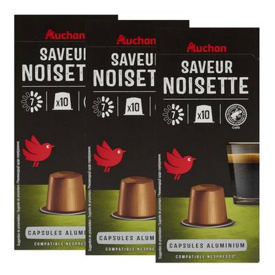 Auchan Capsules de café saveur noisette, Lot de 3x10 capsules
