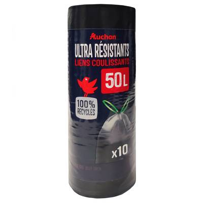 Auchan Sacs poubelle ultra résistants à liens coulissants 50L, 10 sacs poubelle