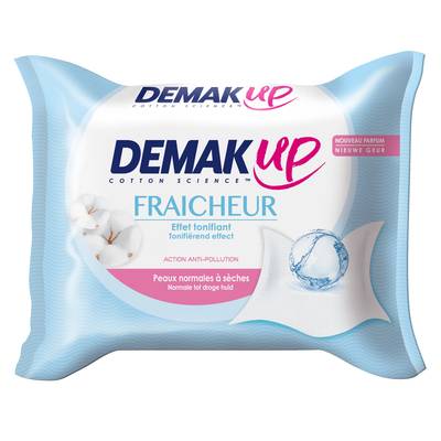 Demak Up Lingettes démaquillantes fraîcheur coton pour peaux sèches ou sensibles, 25 lingettes
