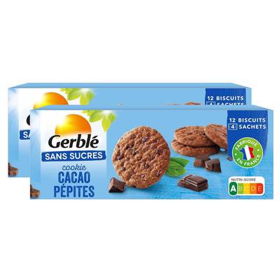 Gerblé Sans Sucres 12 Cookies Cacao Pépites de Chocolat Sans Sucres, Lot de 2x130g