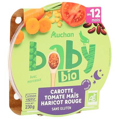 Auchan Baby Bio Carotte tomate maïs et haricot rouge Bio Assiette bébé dès 12 mois, 230g
