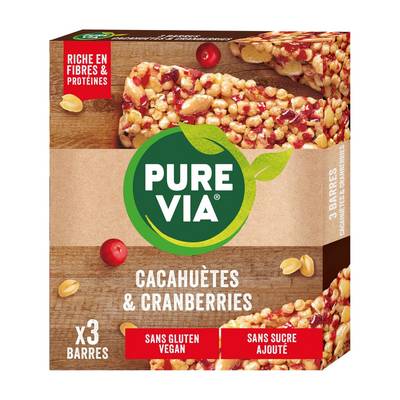 Pure Via Barre Cacahuètes Cranberrys, 3x31g