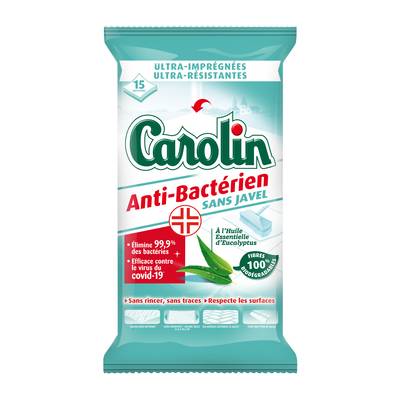 Carolin Lingettes Sols Anti-bactériens sans javel à l'huile essentielle d'eucalyptus, 15  lingettes