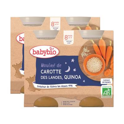 Babybio Mouliné de carotte des Landes et Quinoa Bio Pots Bébé dès 8 mois, Lot de 2x2x200g