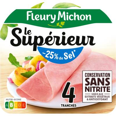 Fleury Michon Jambon Supérieur, Taux de Sel Réduit -25%*, Conservation sans Nitrites, 4 tranches - 140g
