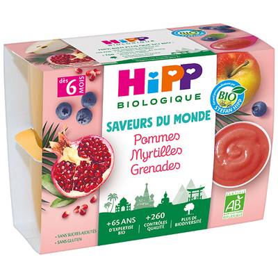 Hipp - Saveurs du Monde Pommes Myrtilles Grenade Bio Coupelle Bébé Dès 6 mois, 4x100g