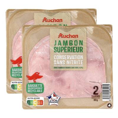 Auchan Jambon Supérieur Sans Nitrite, Lot de 2 - 2 tranches soit 80g