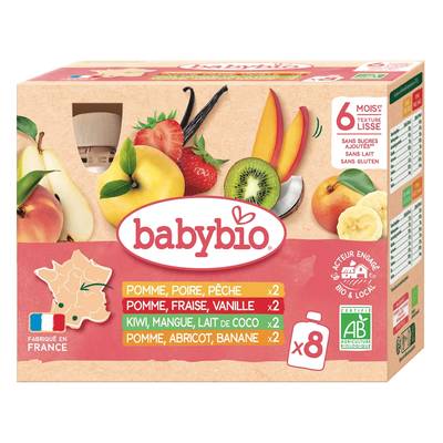 Babybio Multifruits 4 recettes Bio Gourde Bébé dès 6 mois, 8x90g