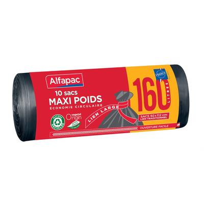 Alfapac Sacs poubelle 160L maxi poids à liens Vegetal Origin®, 10 sacs de 160L