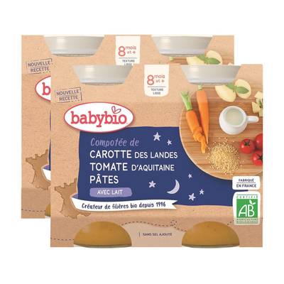 Babybio Compotée de Carotte des Landes, Tomate, Pâtes Bio Pot Bébé Dès 8 mois, Lot de 2x2x200g