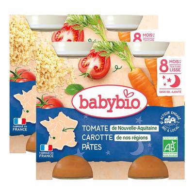 Babybio Compotée de Carotte des Landes, Tomate, Pâtes Bio Pot Bébé Dès 8 mois, Lot de 2x2x200g