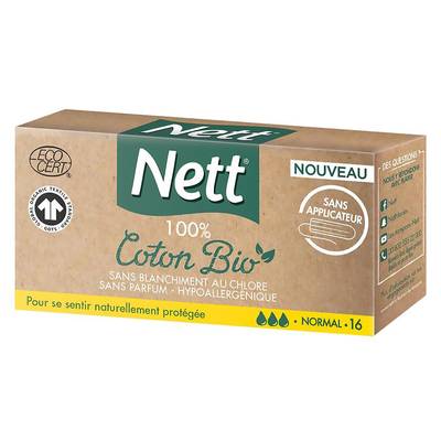 Nett Tampon sans applicateur flux normal 100% coton bio, 16 pièces