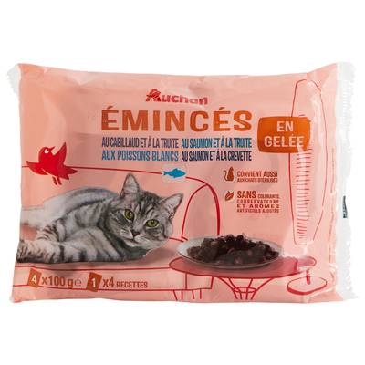 Auchan Sachets émincés en gelée poissons pour chat et chat stérilisé, 4x100g