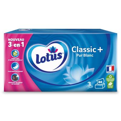 Lotus Mouchoirs Pur Blanc 3en1 Classic+, 80 mouchoirs