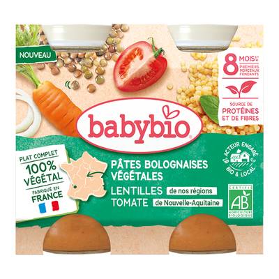 Babybio Pâte Bolognaise Végétale Bio - Lentilles et Tomates Pot Bébé Dès 8 mios, 2x200g