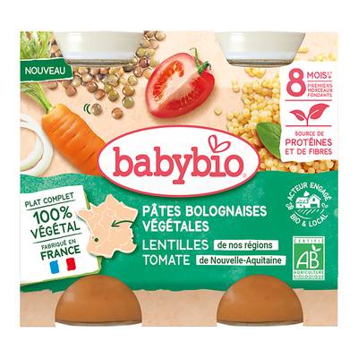Babybio Pâte Bolognaise Végétale Bio - Lentilles et Tomates Pot Bébé Dès 8 mios, 2x200g