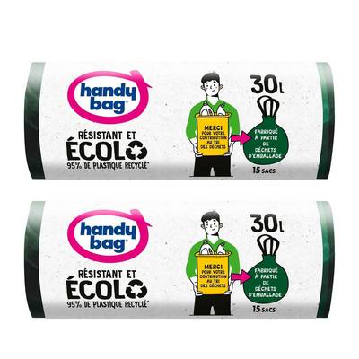 Handy Bag Sac poubelle recyclé avec poignée 30L, Lot de 2x15 sacs de  30L
