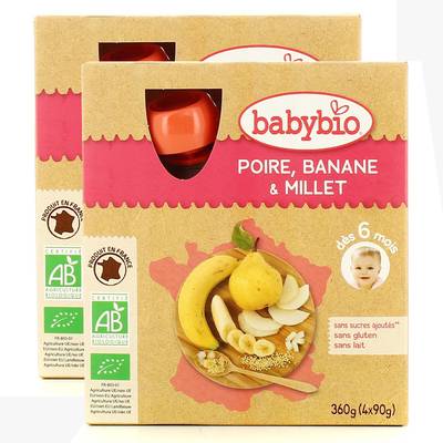 Babybio Poire Banane Millet Bio Gourde Bébé Dès 6 mois, Lot de 2x4x90g