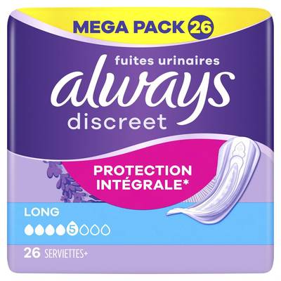 Always Discreet Serviettes Hygiénique Protection Intégrale Long, 26 pièces