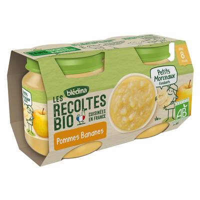 Blédina - Les Récoltes Bio Pommes, Bananes Bio Pot Bébé Dès 8 mois, 2x130g