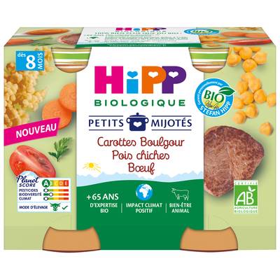 Hipp - Petits Mijotés Carottes Boulgour Pois Chiches Bœuf Bio Pot Bébé Dès 8 Mois, 2x190g